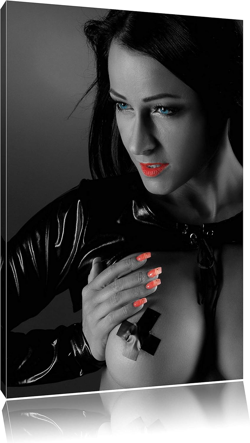 Pixxprint schwarzhaarige sexy Frau schwarz/weiss als Leinwandbild/Grösse: 100x70 cm/Wandbild/Kunstdr