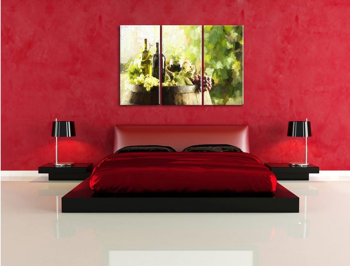 Pixxprint Wein mit Weintrauben auf Fass / 3-Teilig/Gesamtmass 120cm Leinwandbild bespannt auf Holzra