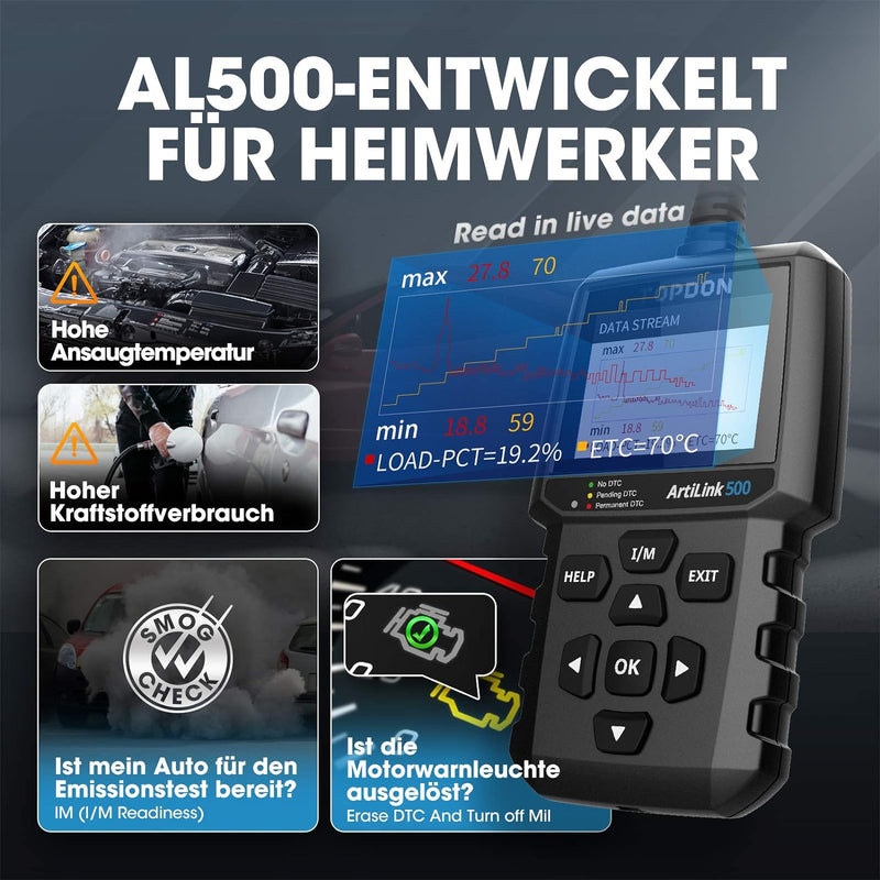 Topdon AL500 OBD2 Diagnosegerät, OBDII Diagnosewerkzeug mit Vollständigen OBD2 Funktionen, kostenlos