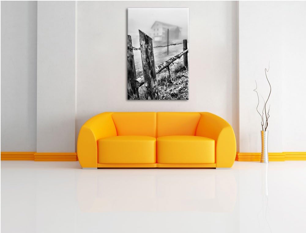 Pixxprint Holzzaun auf Wiese als Leinwandbild/Grösse: 100x70 / Wandbild/Kunstdruck/fertig bespannt,