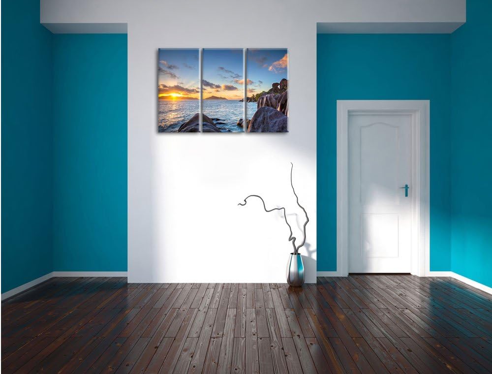 Pixxprint Sonnenuntergang Seychellen als Leinwandbild | Grösse: 3 Teilig (120x80) | Wandbild| Kunstd