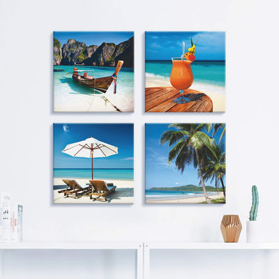 ARTLAND Strandbilder Leinwandbilder Set 4 tlg. je 20x20 cm Quadratisch Wandbilder Landschaft Thailan