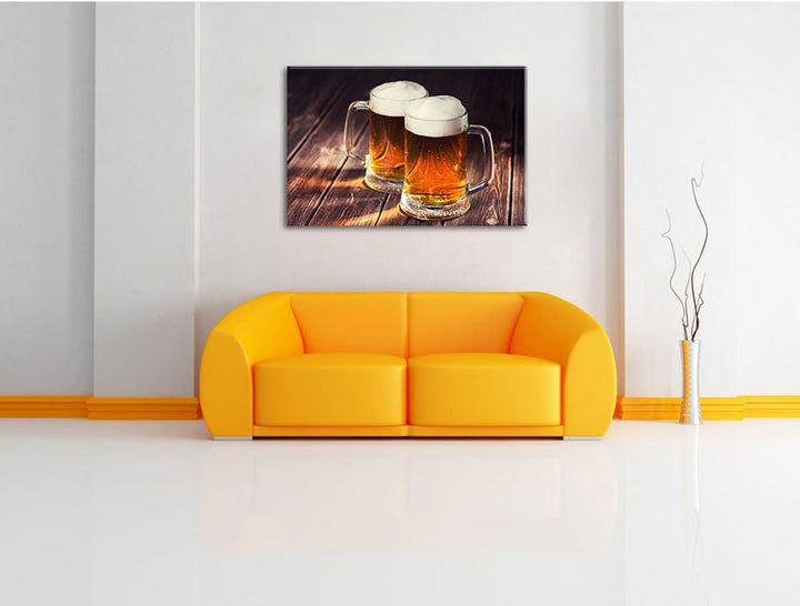 Zwei Masskrüge Bier , Format: 100x70 auf Leinwand, XXL riesige Bilder fertig gerahmt mit Keilrahmen,