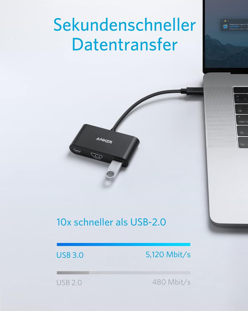 Anker USB C Hub, PowerExpand 3-in-1 USB C Hub mit 4K HDMI, 100W Power Delivery, USB 3.0 Datenschluss