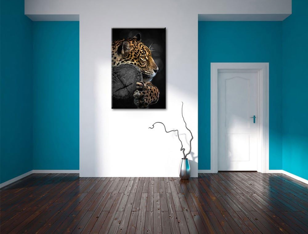 Dark prächtiger Leopard auf Stamm schwarz/weiss Format: 100x70auf Leinwand, XXL riesige Bilder ferti