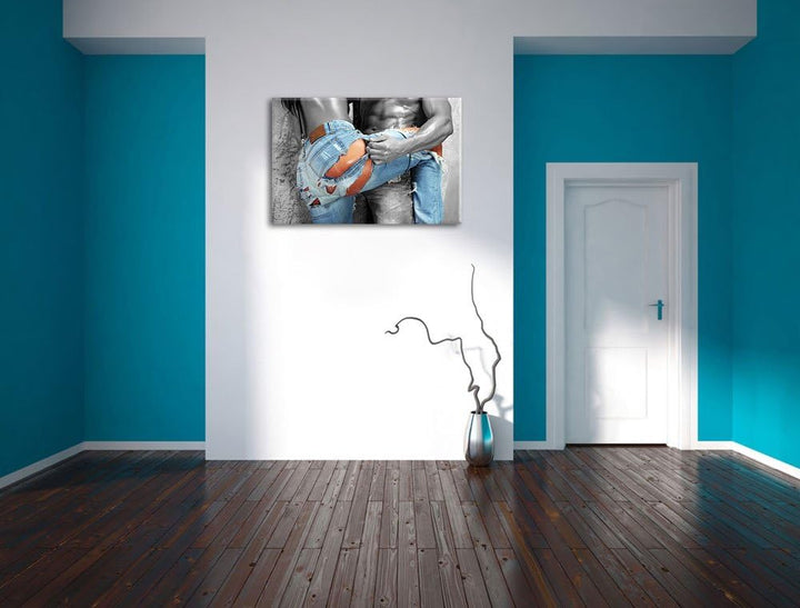 Frau in aufgerissener Jeans schwarz/weiss Format: 100x70 auf Leinwand, XXL riesige Bilder fertig ger