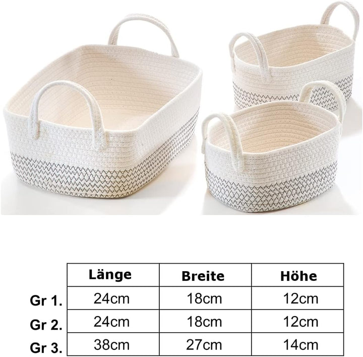 Kobolo Baumwollkorb Aufbewahrungskorb Baumwolle oval weiss mit Muster und Griffen 2 Grössen