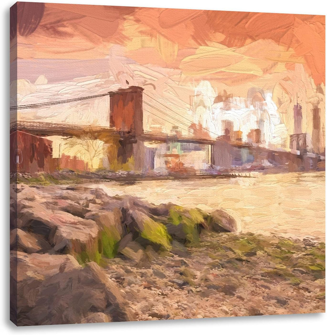 schöne Brooklyn Bridge, Format: 70x70 auf Leinwand, XXL riesige Bilder fertig gerahmt mit Keilrahmen