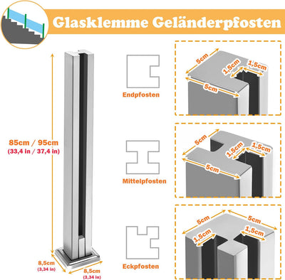 SUBTLETY 85x5x5cm Glasklemme Geländerpfosten Silber Glashalter Treppengeländer Stahl Pfosten für 10m