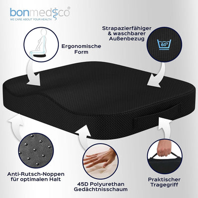 bonmedico Sitzkissen orthopädisch - Ergonomisches Memory Foam Kissen für Bürostuhl, Auto, Rollstuhlk