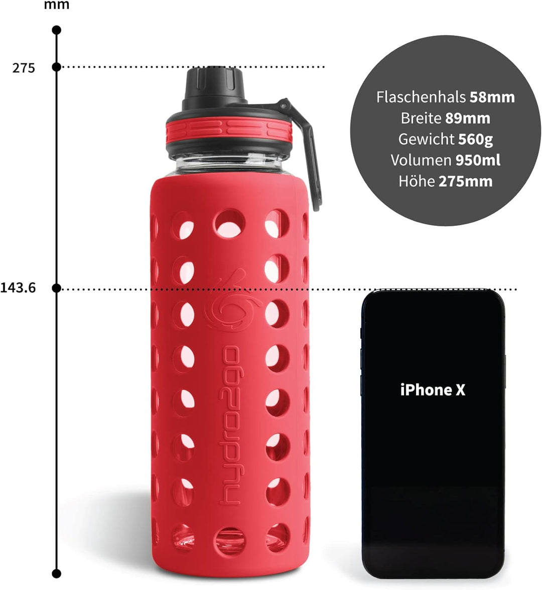 hydro2go® Trinkflasche aus Glas mit Silikonhülle 950 ml - spülmaschinenfest | 2 auswechselbare Decke