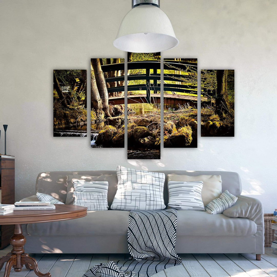 Feeby Leinwandbild 5 Teilig Landschaft Bild Wanddeko Brücke Bächlein Steine gelb 200x100 cm Leinwand