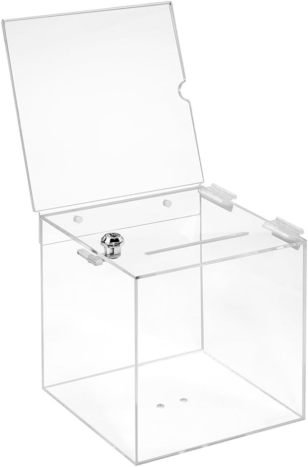 Losbox aus Acrylglas in 200x200x200mm mit Schloss und Topschild 210x210mm - Zeigis® / Spendenbox/Akt