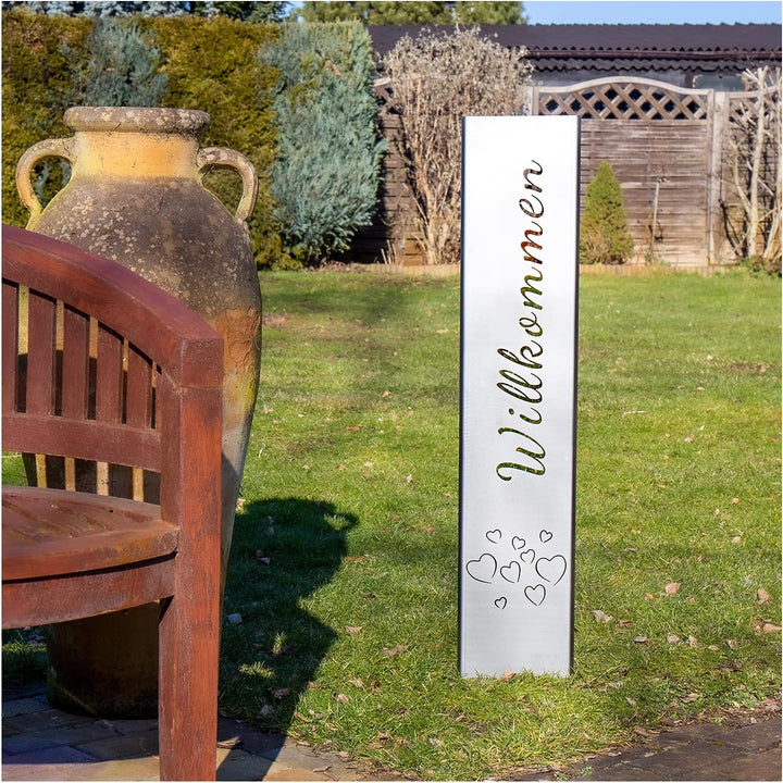 teileplus24 GS01-HH-1 Willkommen Gartenstecker Gartenschild | Rost Garten Deko | 3D Abkantung | 120c