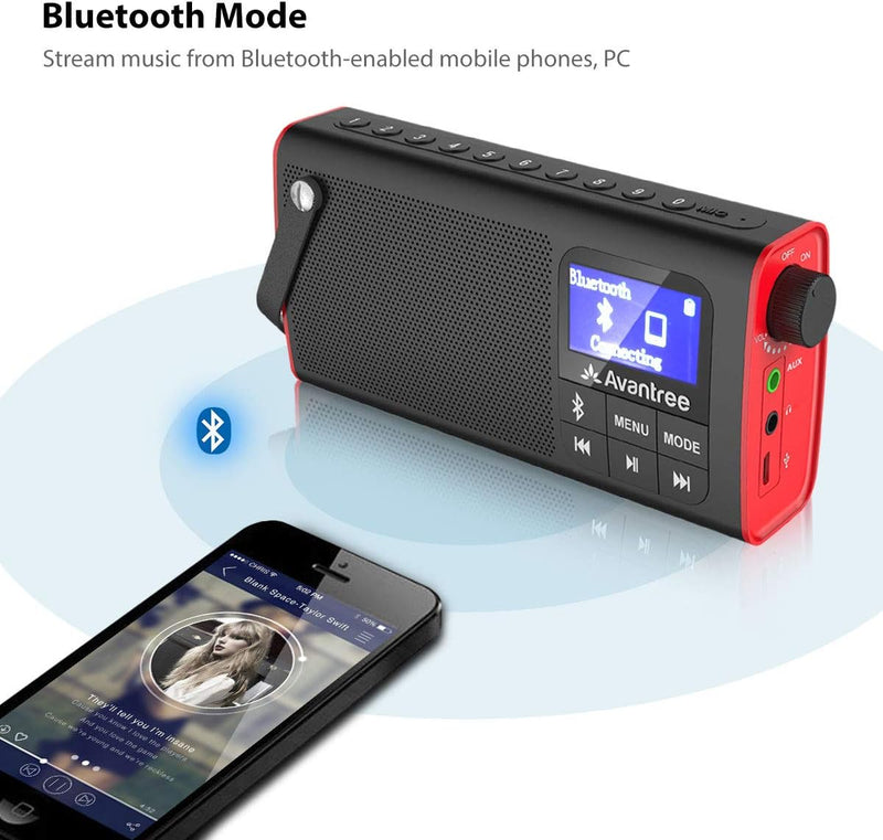 Avantree 3 in 1 Portable Tragbares FM Radio, Klein Mini Radio mit Bluetooth Lautsprecher, SD Card MP