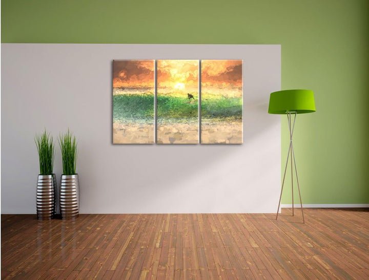 Pixxprint Surfen im Sonnenuntergang als Leinwandbild/Grösse: 3 Teilig (120x80 cm) cm/Wandbild/Kunstd