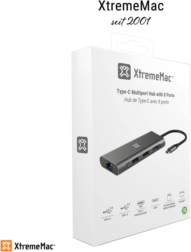 XtremeMac Multifunktionaler USB-C Hub für MacBook, 4K HDMI, USB 3.0, SD/Micro-Kartenleser, Ethernet-