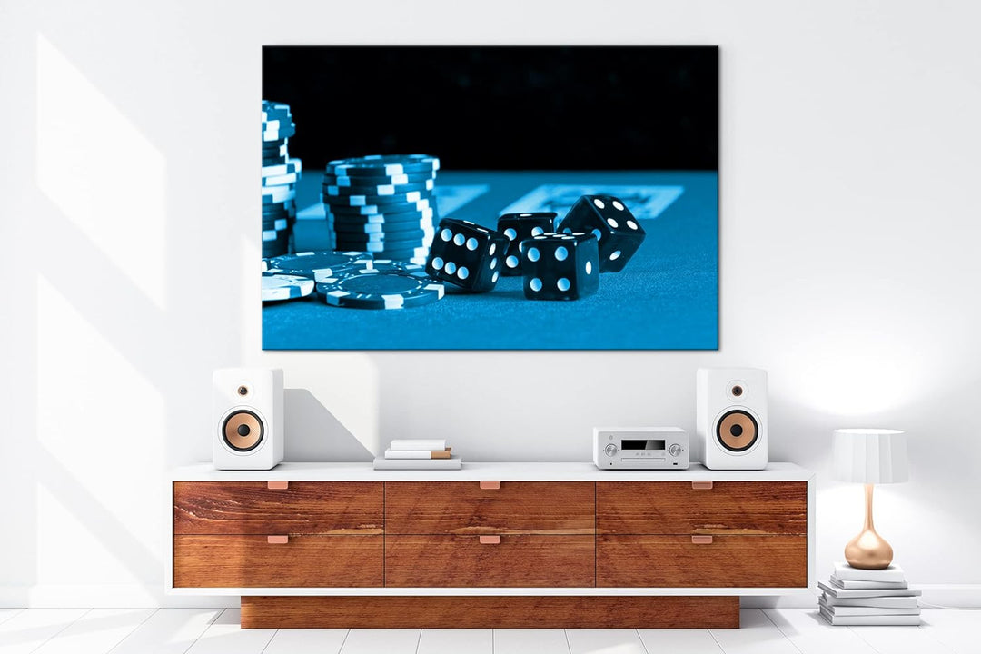 deyoli Glücksspiel Würfel und Poker Chips Format 80x60 Effekt: Monocrome Blau als Leinwandbild, Moti