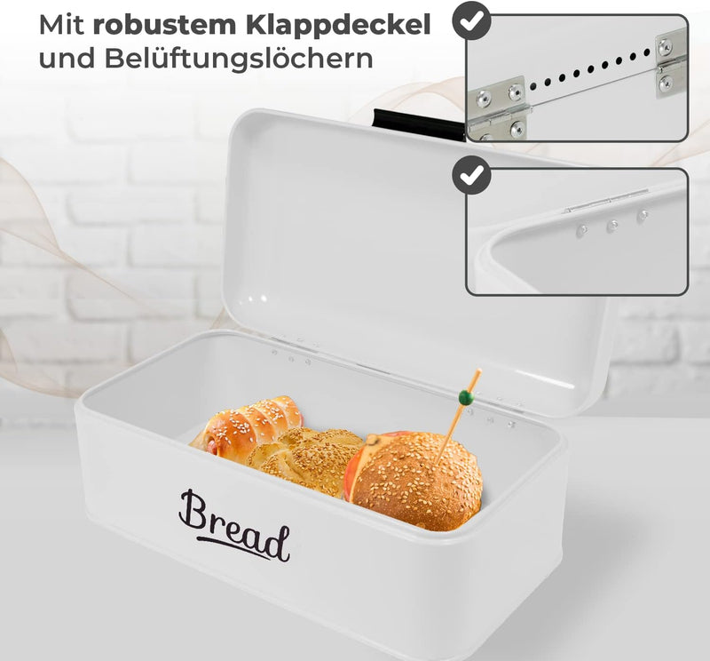 DRULINE Brotkasten mit Klappdeckel - Brotkasten Retro - Brotaufbewahrung - Brotbox - Metall weiss/sc