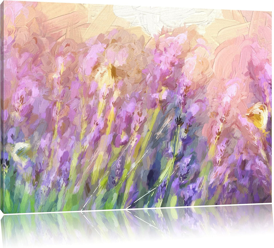Pixxprint Schmetterlinge auf Lavendelblumen Kunst Pinsel Effekt, Format: 100x70 auf Leinwand, 100x70