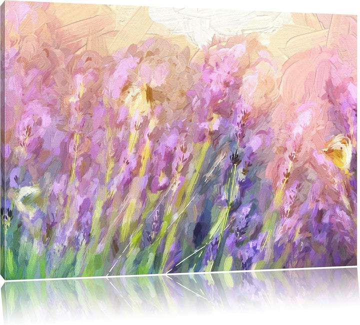 Pixxprint Schmetterlinge auf Lavendelblumen Kunst Pinsel Effekt, Format: 100x70 auf Leinwand, 100x70