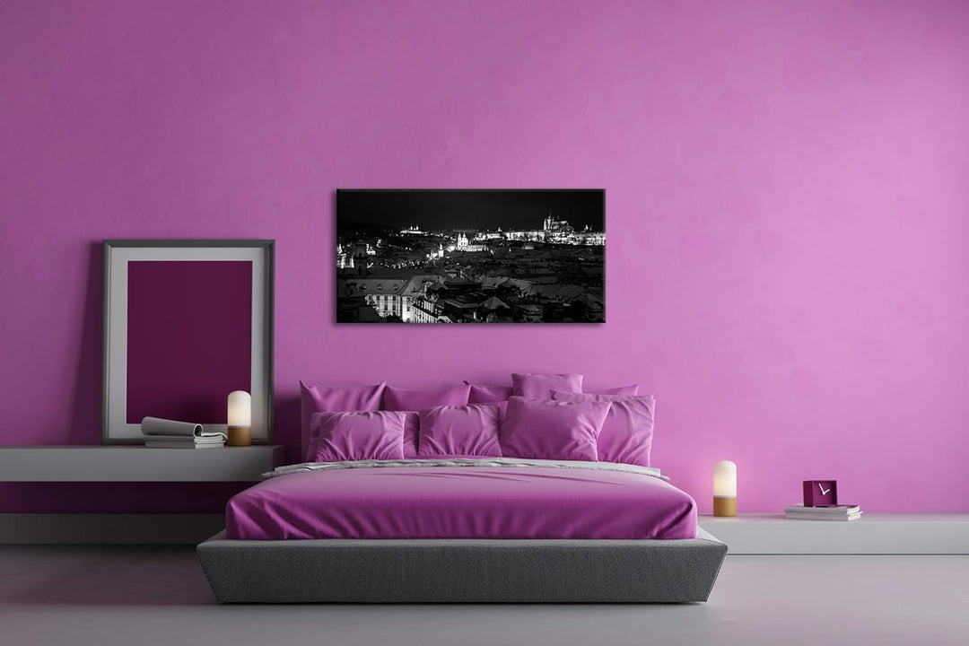 Prag bei Nacht Panorama 100x50 cm Effekt: Schwarz/Weiss als Leinwandbild, Motiv fertig gerahmt auf E