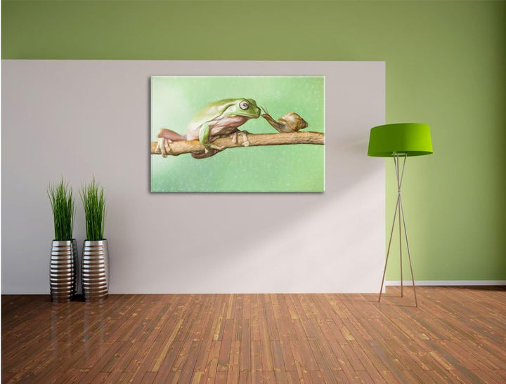 Pixxprint der Frosch und die Schnecke / 100x70cm Leinwandbild bespannt auf Holzrahmen/Wandbild Kunst