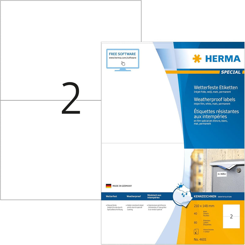 HERMA 4601 Wetterfeste Folienetiketten für Inkjet Drucker, 40 Blatt, 210 x 148 mm, 2 Stück pro A4 Bo