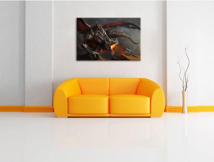 Pixxprint Kampf zwischen Mensch und Drache als Leinwandbild/Grösse: 100x70 cm/Wandbild/Kunstdruck/fe
