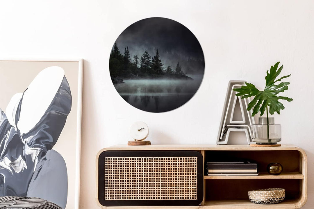 MuchoWow Wandbild Rund Wanddeko Deko Wohnzimmer Bilder 60x60 cm Wald - Nebel - Schwarz - Weiss, 60x6
