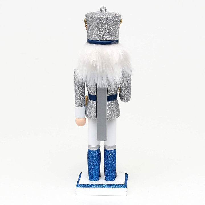 Dekohelden24 Holz Nussknacker Trommler in Silber/blau/weiss, mit Glitter, Masse L/B/H: 7,5 x 7 x 26
