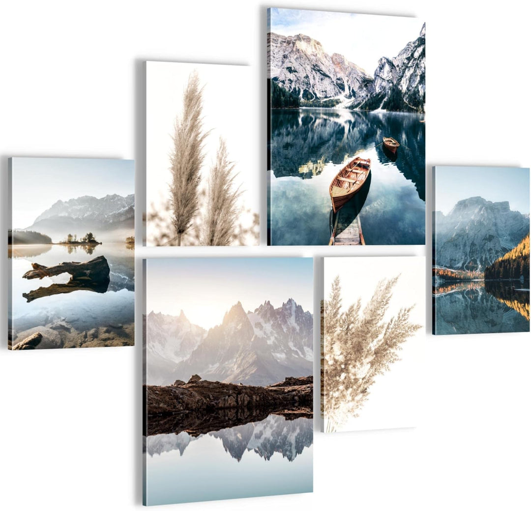 Novart Bilder Set - AUFHÄNGFERTIG - KEIN EXTRA RAHMEN BENÖTIGT - See Berge Modern Natur - Wohnzimmer