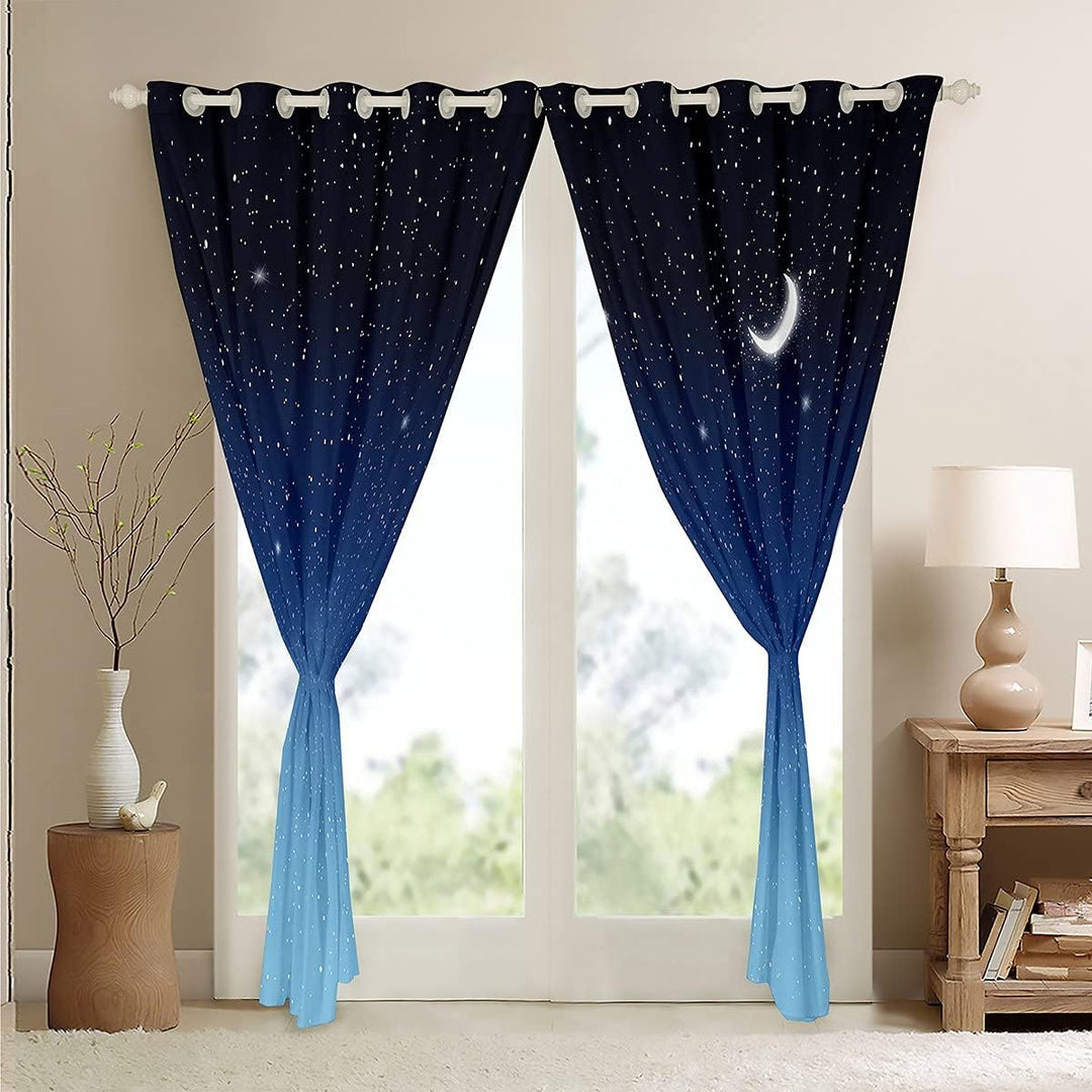 Loussiesd Blaue Galaxie Fenstervorhang 245x140cm Stern Mond Bedrucktes Vorhänge Teenager Kinder Mädc