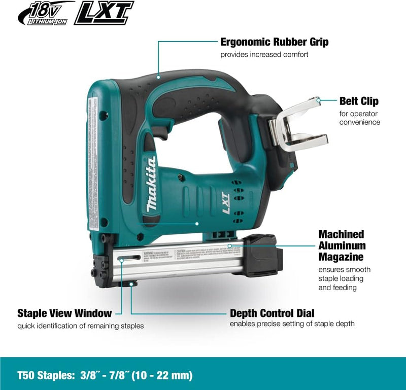 Makita DST221Z Tacker 18,0 V (ohne Akku, ohne Ladegerät), 18 V, Blau, Silber & F-32676 Klammer 10-19