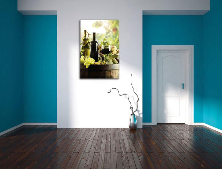 Weintrauben am Fass, Format: 100x70 auf Leinwand, XXL riesige Bilder fertig gerahmt mit Keilrahmen,