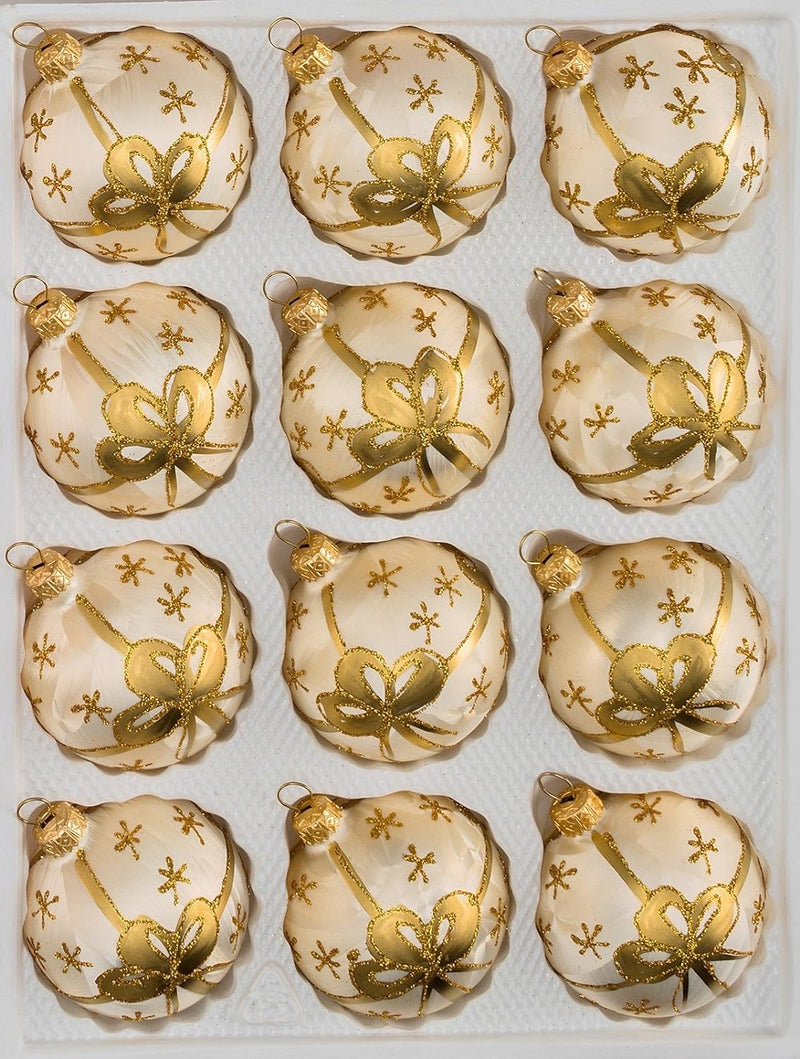 12 tlg. Glas-Weihnachtskugeln Set in "Ice Champagner Goldene Schleife" - Christbaumkugeln - Weihnach