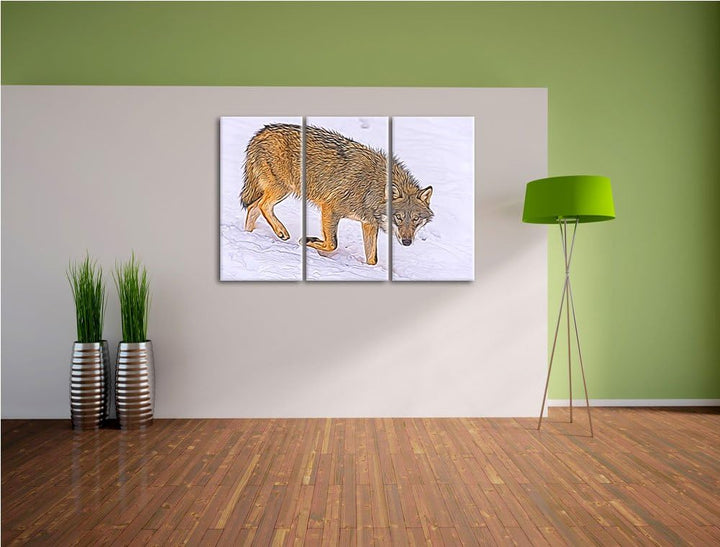seltener Wolf im Schnee Spezial 3-Teiler Leinwandbild 120x80 Bild auf Leinwand, XXL riesige Bilder f