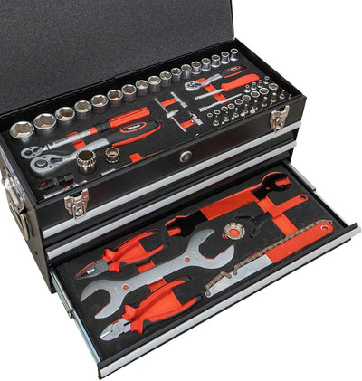 Weber GmbH MTB Werkzeugkiste mit 3 Schubladen und Klappdeckel 106-teilig für Fahrräder und Mountainb