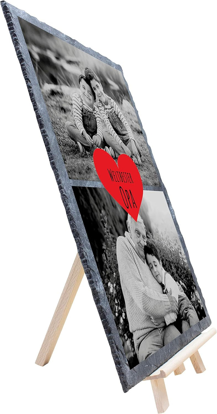 wandmotiv24 Schiefertafel Bester Opa mit Holz-Staffelei, Personalisiert mit 2 Schwarzweiss-Fotos, Di