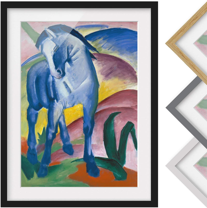 Bild mit Rahmen - Franz Marc - Blaues Pferd - Rahmenfarbe Schwarz, 100 x 70 cm 100cm x 70cm Schwarz,