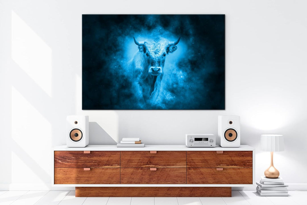 deyoli Dark Sternzeichen Stier Format 80x60 Effekt: Monocrome Blau als Leinwandbild, Motiv fertig ge
