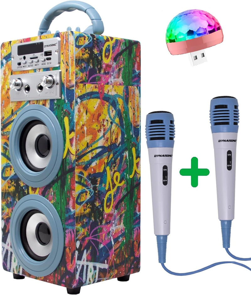 DYNASONIC - (3. Gen Tragbarer Bluetooth-Lautsprecher mit Karaoke-Modus und Mikrofon, FM-Radio und US
