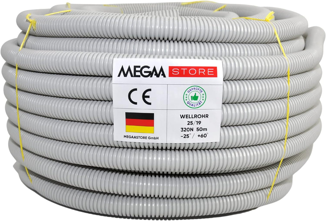 Megastore Flexibles Leerrohr Wellrohr 320N Grau Klassifizierung M16 M20 M25 M32 M40 M50 Kabelschutz