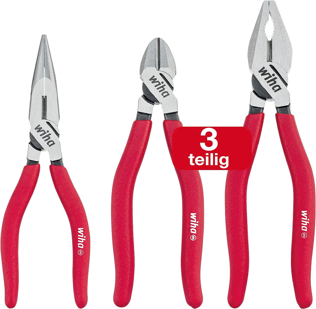 Wiha Zangen Set Classic 3 teilig I Kombizange mit DynamicJoint® und OptiGrip, Flachrundzange mit Dyn