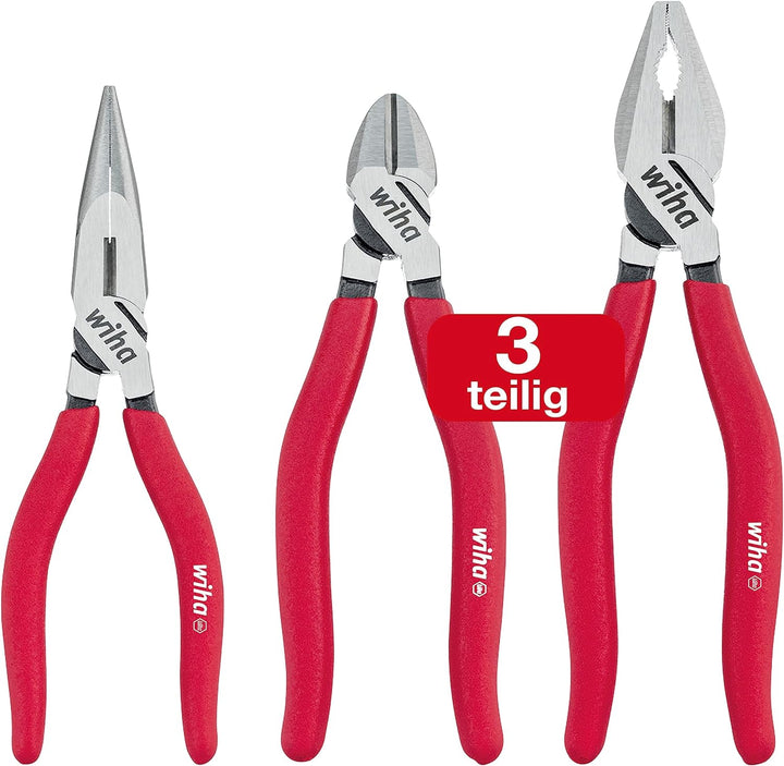Wiha Zangen Set Classic 3 teilig I Kombizange mit DynamicJoint® und OptiGrip, Flachrundzange mit Dyn