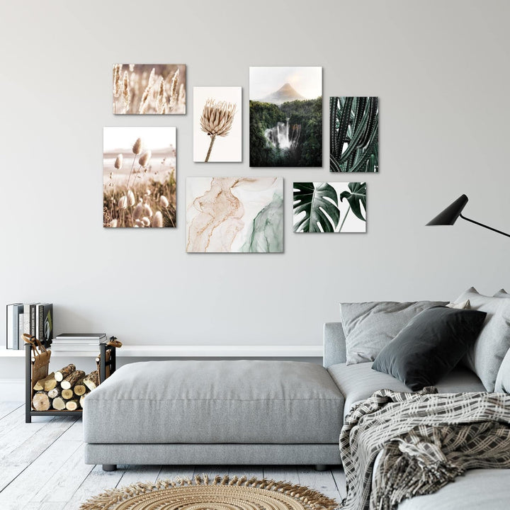 Novart Wandbilder Boho Natur - KOMPLETT AUFHÄNGFERTIG - Beige Grün Wohnzimmer Schlafzimmer- 7 Modern