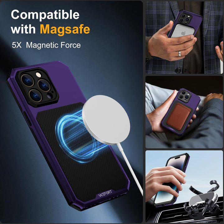 WIFORT Magnetisch Metall Hülle für iPhone 14 Pro Kompatibel mit MagSafe, mit 2 Stück Schutzglas, Mil