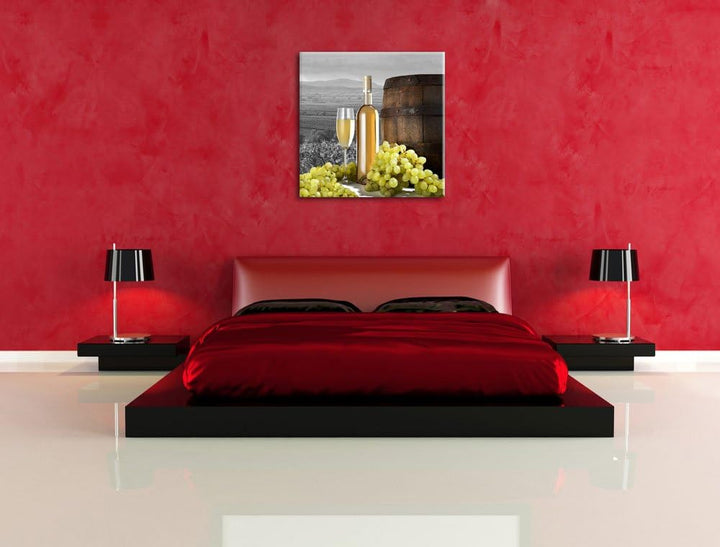Pixxprint Weinreben mit Weinflasche und Fass als Leinwandbild/Grösse: 70x70 cm/Wandbild/Kunstdruck/f