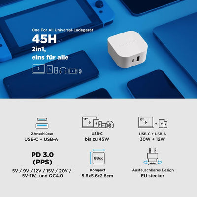 Innergie 45H 45W USB C+A Universal Ladegerät PD3.0(PPS) QC 4.0 Schnellladung Netzteil für Laptop und