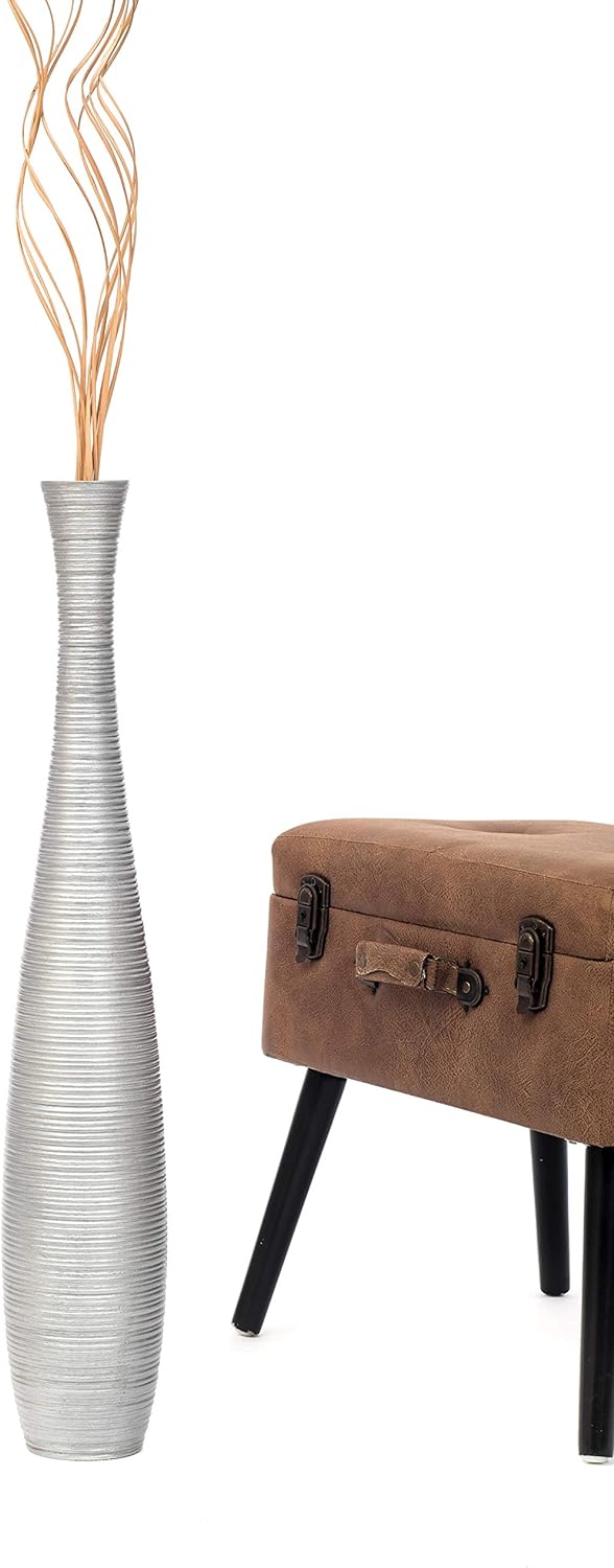 Leewadee Grosse Bodenvase für Dekozweige hohe Standvase Design Holzvase, Holz, 70 cm, Silber 70 cm S